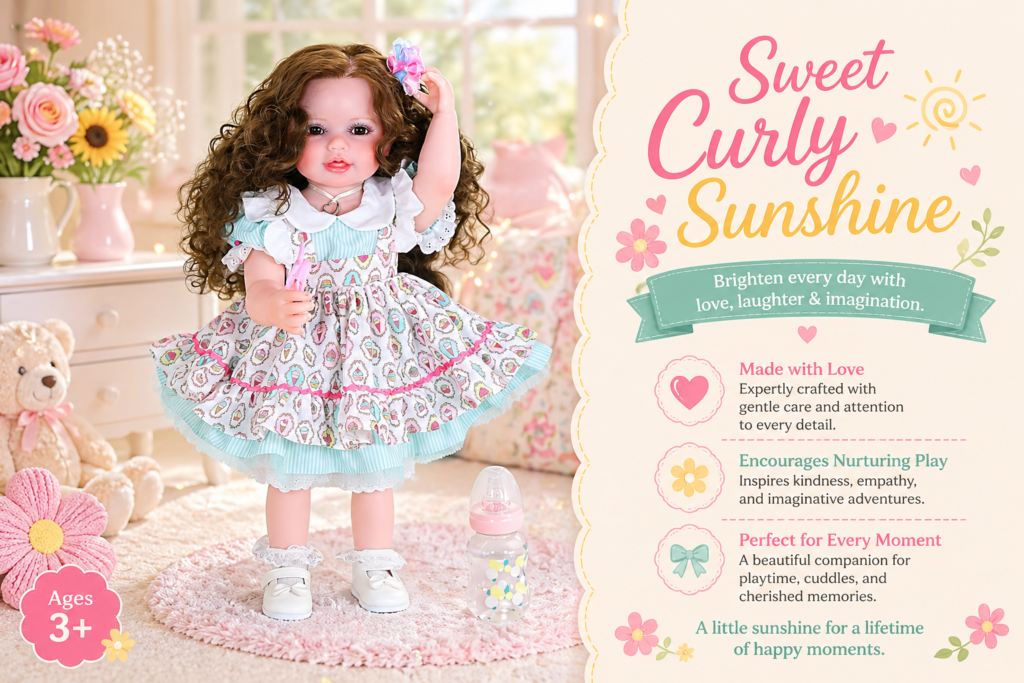 Sweet Curly Sunshine reborn toddler doll in cozy nursery setting wearing colorful dress with curly hair and playful accessories