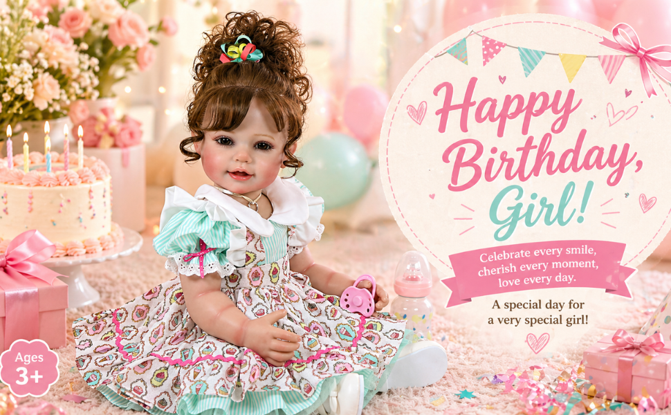 Happy Birthday Girl reborn toddler doll with birthday theme cake balloons and gifts perfect gift for kids age 3 and up