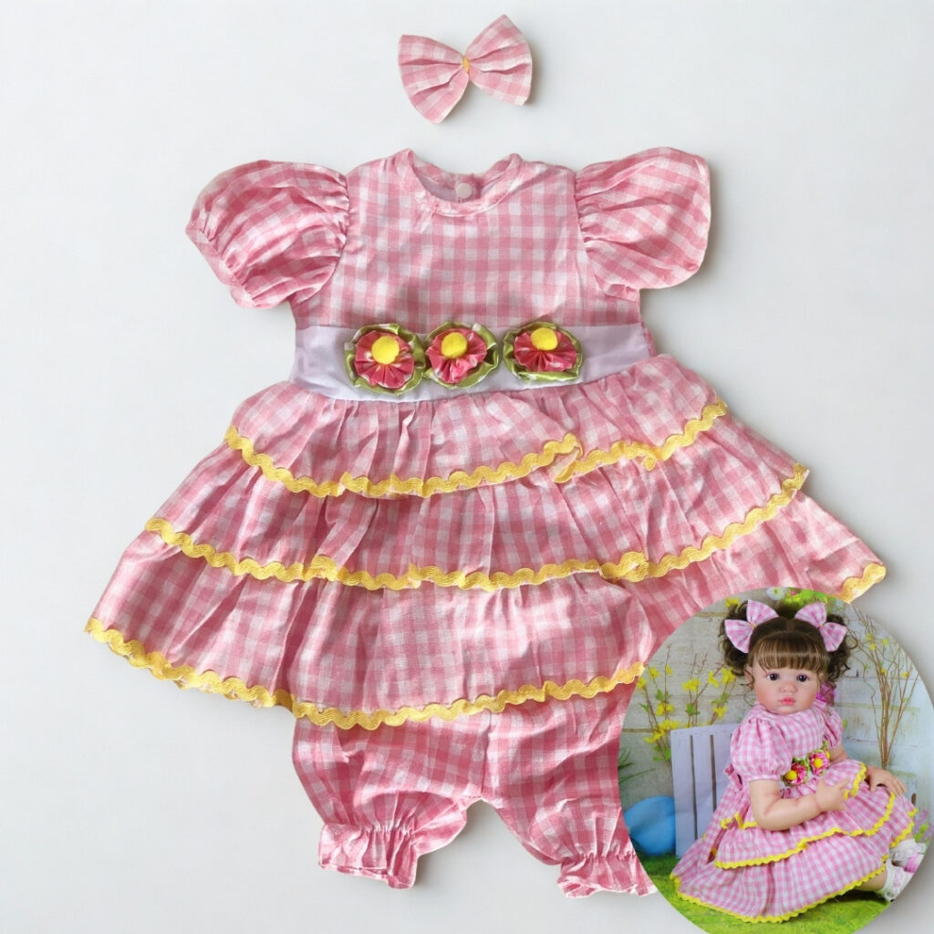Pink Gingham Ruffle Dress Set with Bloomers & Bow – Reborn Doll Outfit (0–3 Month Size)
