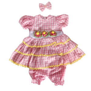 Pink Gingham Ruffle Dress Set with Bloomers & Bow – Reborn Doll Outfit (0–3 Month Size)