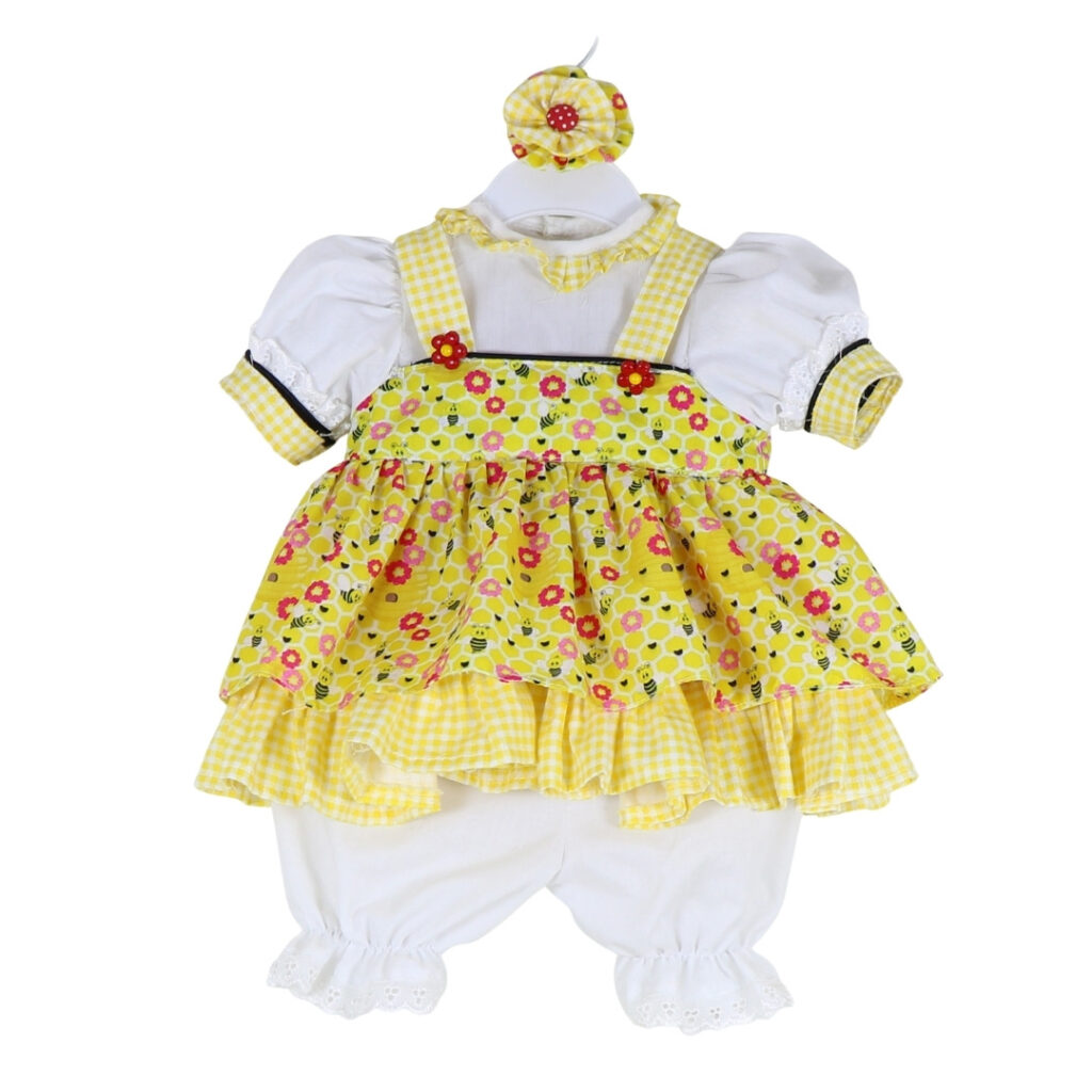 Yellow Floral Pinafore Reborn Doll Outfit with Bloomers & Hair Puffs – 22-Inch Fit