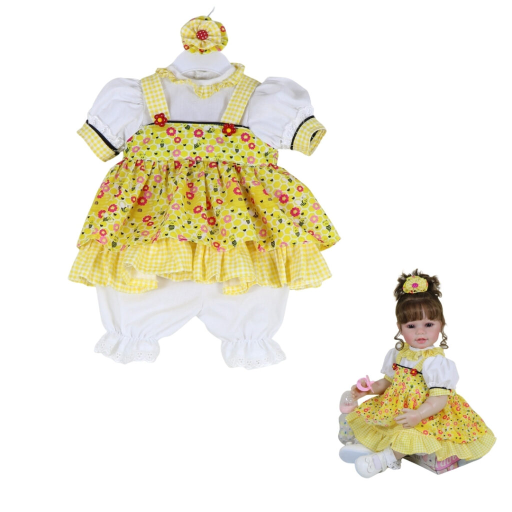 Yellow Floral Pinafore Reborn Doll Outfit with Bloomers & Hair Puffs – 22-Inch Fit