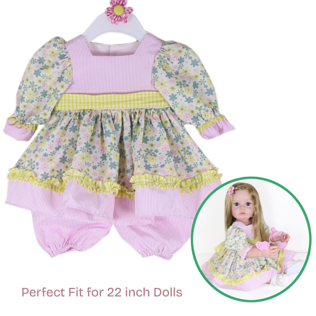 Pastel floral doll dress with puff sleeves gingham trim and matching bloomers for 20 to 22 inch dolls