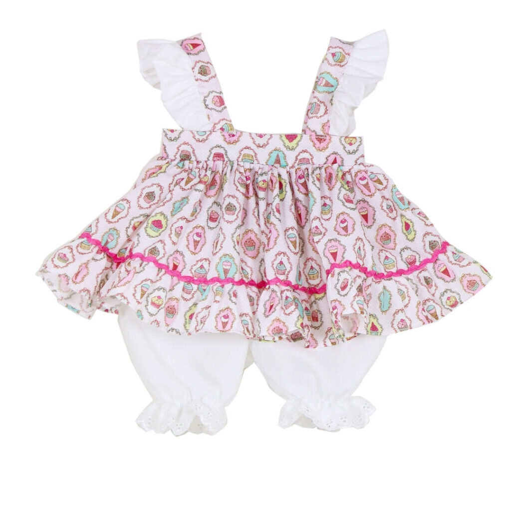 Cupcake print layered apron dress detail with pink ruffle trim for reborn doll outfit