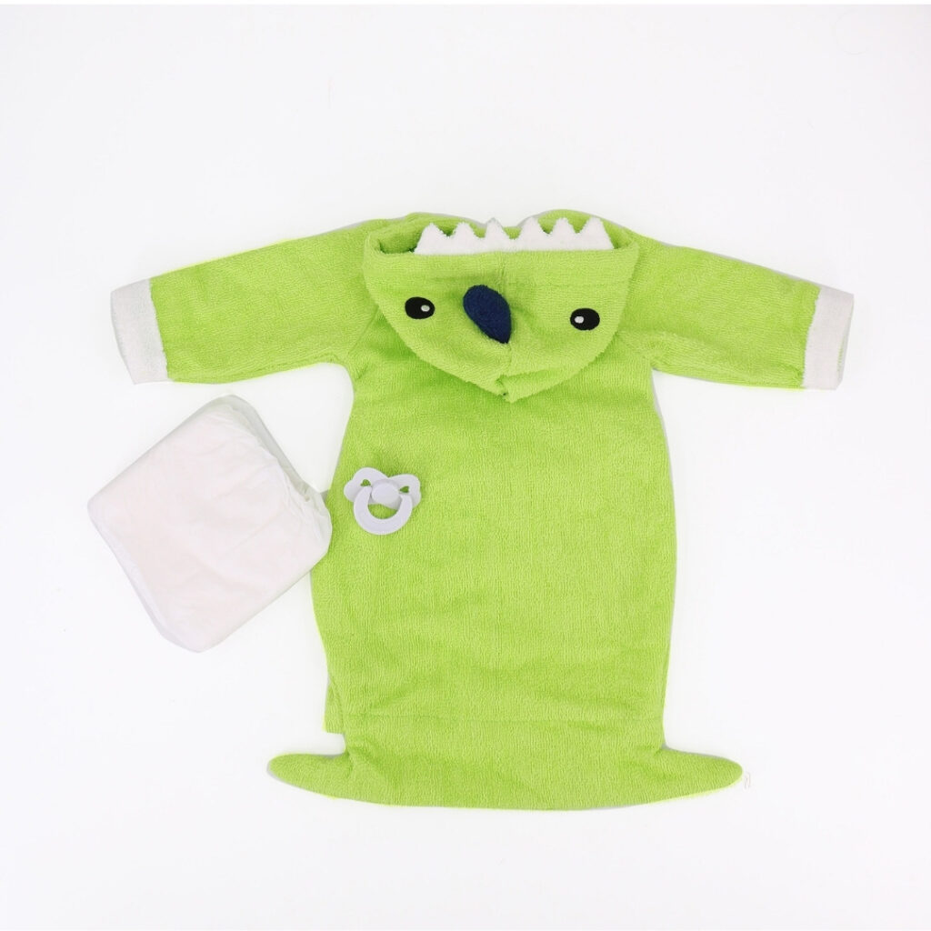 Open dinosaur bathrobe for doll with belt tie soft towel fabric and hood detail for 22 inch dolls
