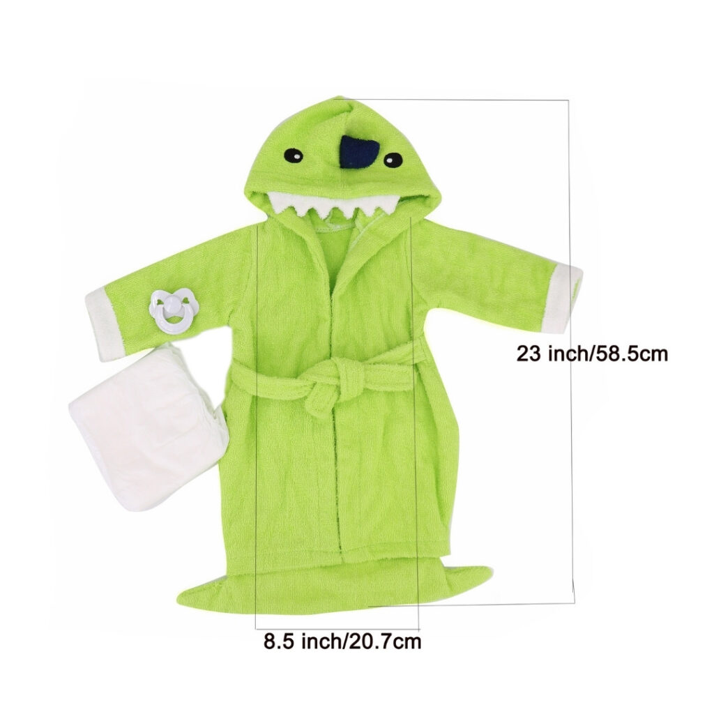 Dinosaur hooded bathrobe size dimensions for 22 inch dolls showing height and width measurements