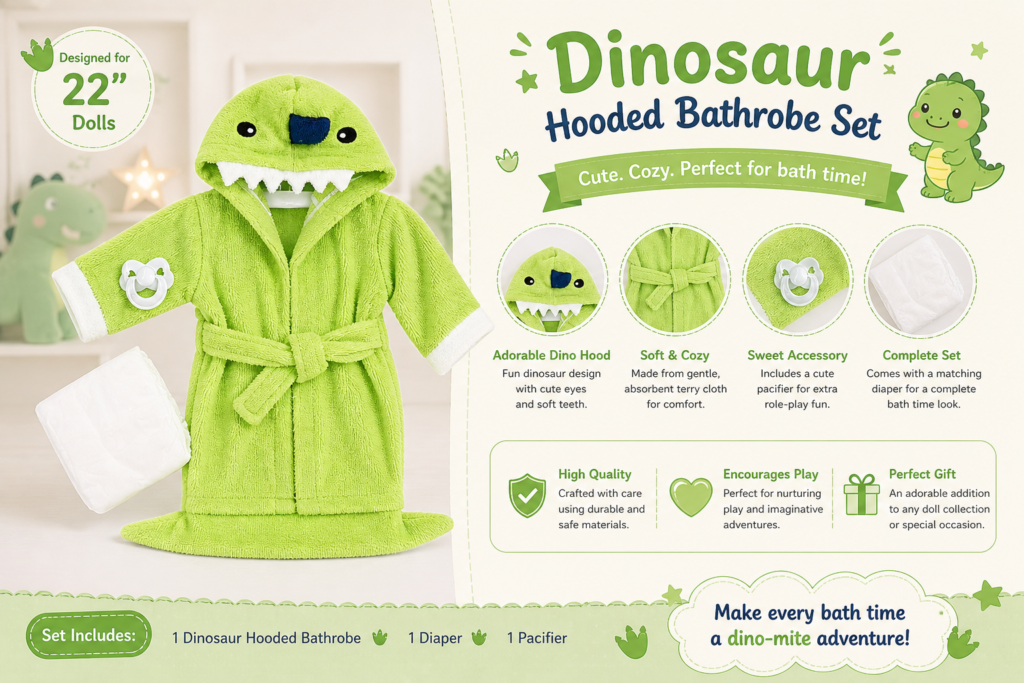 Dinosaur hooded bathrobe set for 22 inch dolls with green robe, hood, diaper and pacifier for cute bath time play