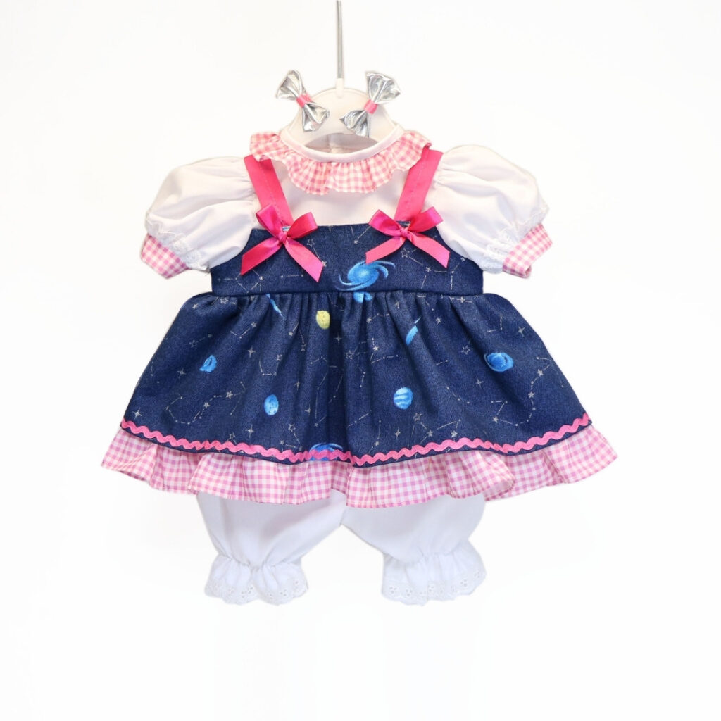 Galaxy print dress outfit for reborn dolls includes dress white top and bloomers fits 22 inch dolls