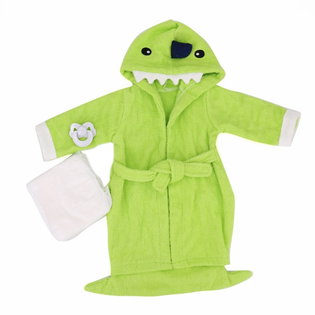 Green dinosaur hooded bathrobe for 22 inch dolls with soft fabric, cute face hood and cozy design