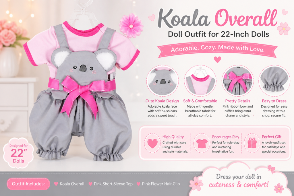 Koala overall doll outfit for 22 inch dolls with pink shirt, grey overalls, and koala design for cute dress up play