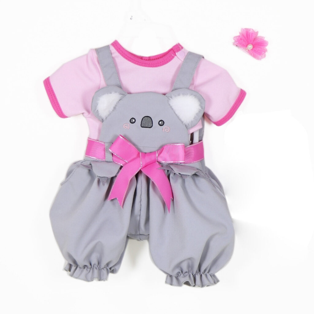 Koala overall doll outfit set with grey overalls pink shirt and bow for 22 inch reborn dolls
