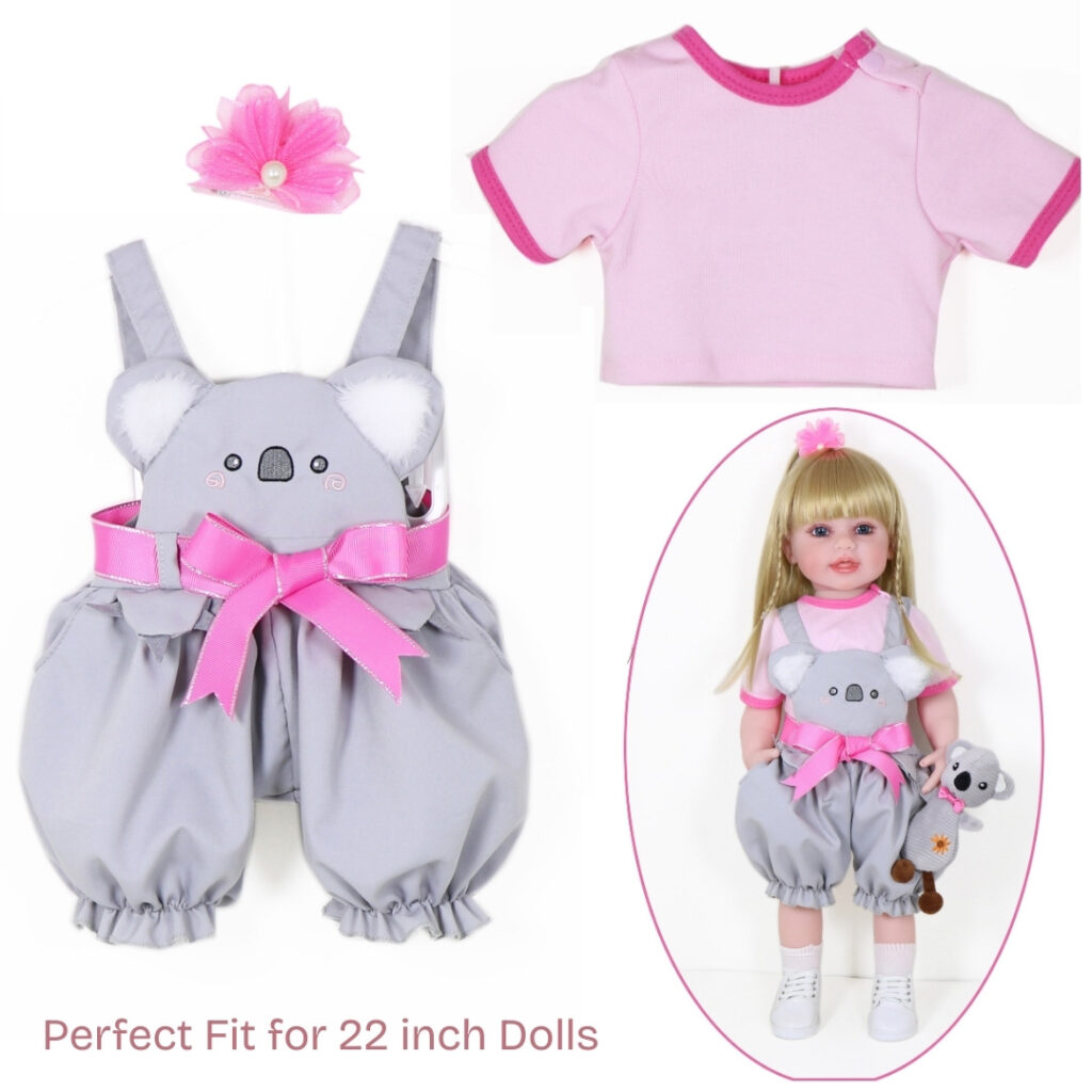 22 inch doll wearing koala overall outfit with pink shirt and matching accessories for imaginative play