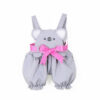 Close up of koala face design on doll outfit with plush ears and pink bow detail