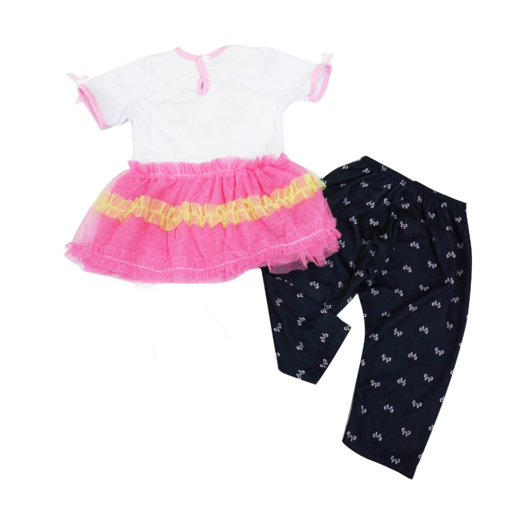 Back view of panda tutu doll outfit with layered skirt and matching black leggings for 22 inch dolls
