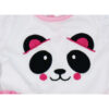 Close up panda face design on doll dress with embroidered eyes and pink details