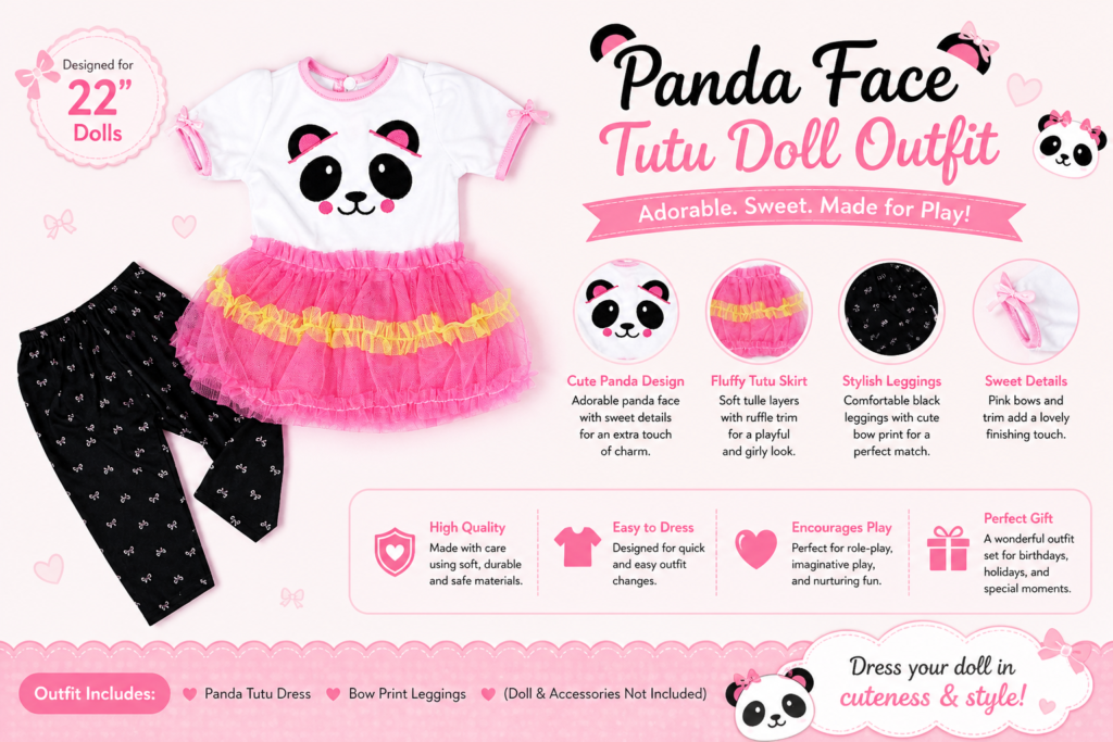 Panda face tutu doll outfit features including fluffy skirt leggings and easy dress design for 22 inch dolls