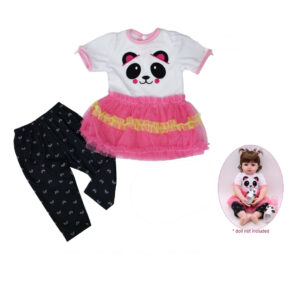 Panda face doll outfit set with pink tutu dress and black bow print leggings for 22 inch dolls