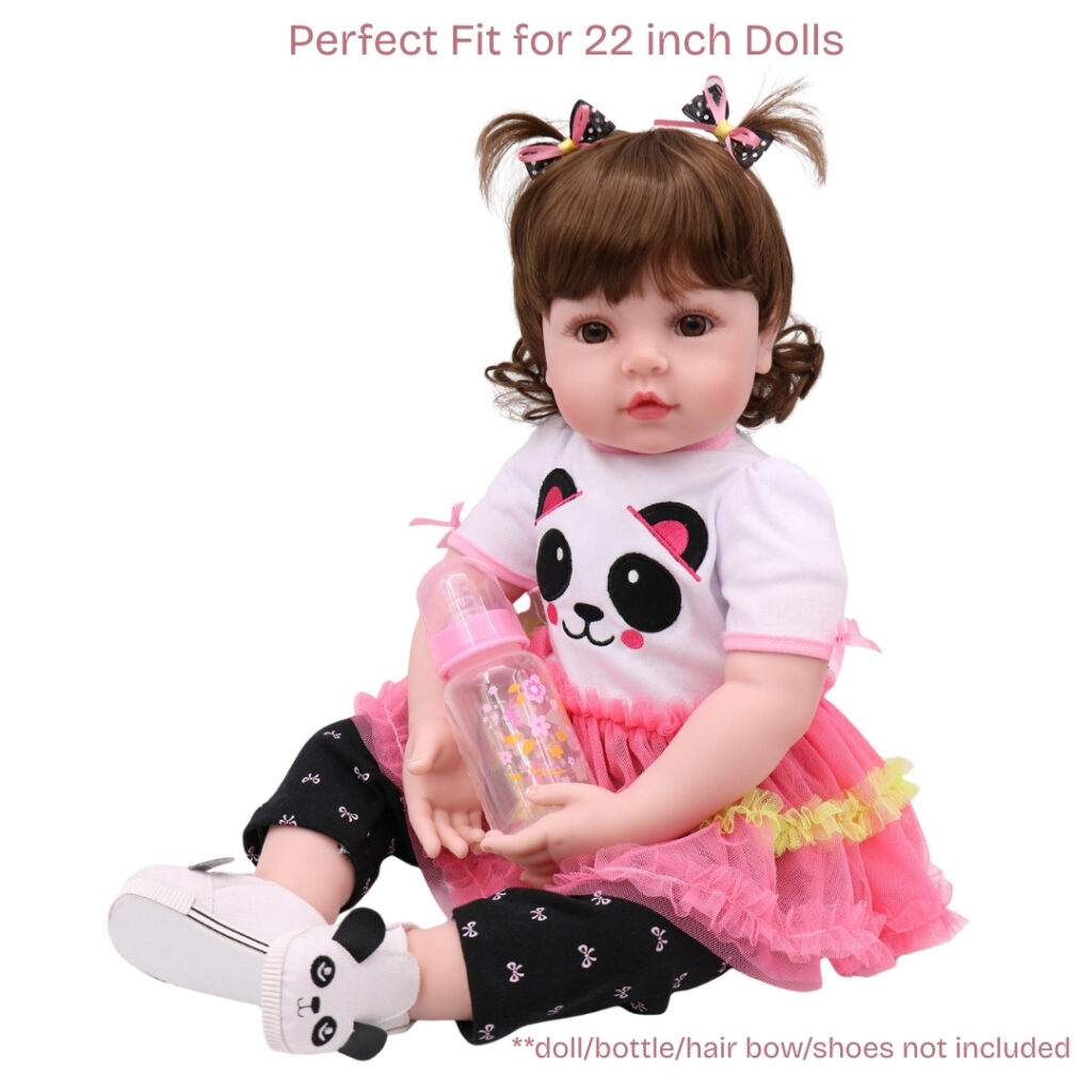 22 inch doll wearing panda face tutu outfit with pink dress and black leggings for pretend play