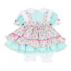 Back view of pastel cupcake ruffle dress doll outfit with layered skirt and bloomers for reborn dolls