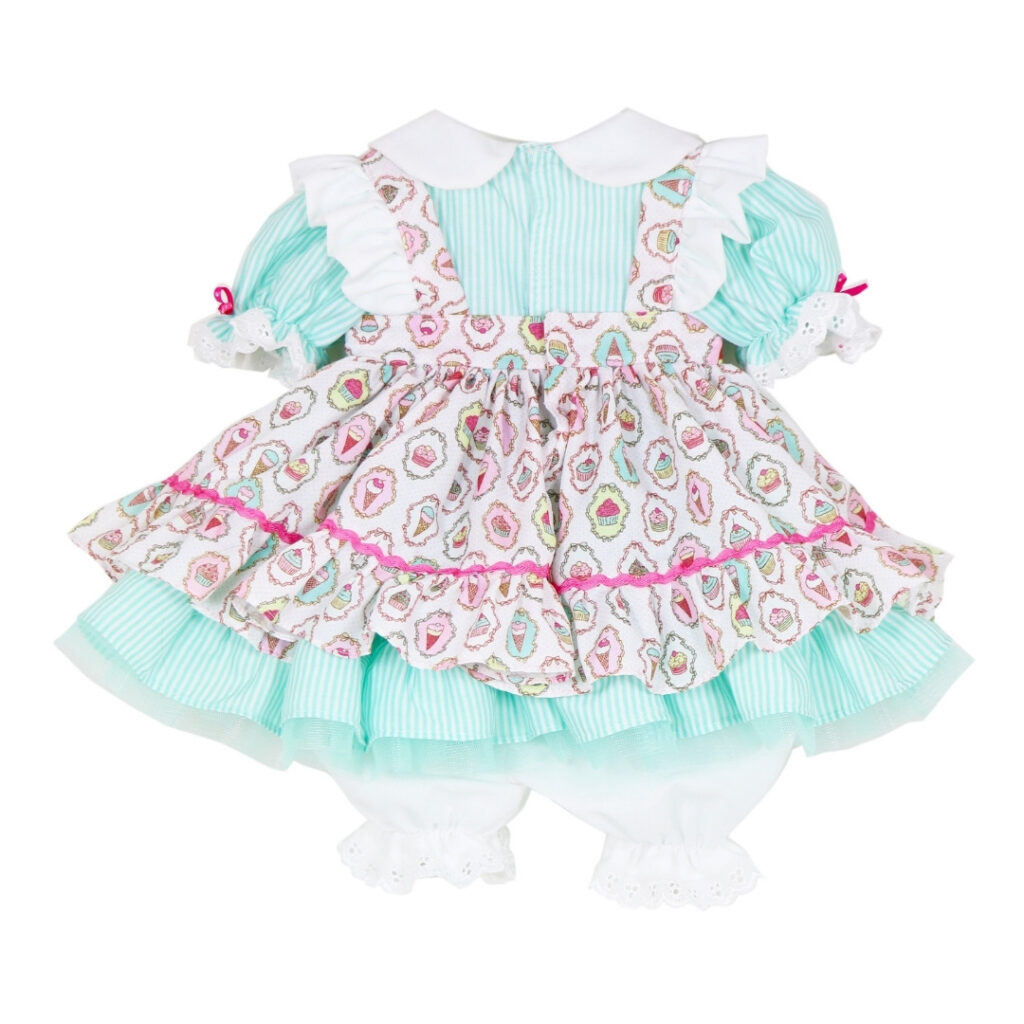 Back view of pastel cupcake ruffle dress doll outfit with layered skirt and bloomers for reborn dolls