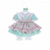 Pastel cupcake doll dress outfit with mint striped sleeves pink ruffle trim and matching bloomers for 20 to 22 inch dolls