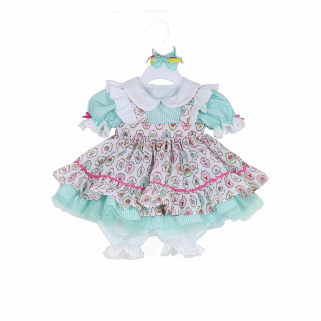 Pastel cupcake doll dress outfit with mint striped sleeves pink ruffle trim and matching bloomers for 20 to 22 inch dolls
