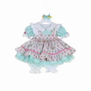 Pastel cupcake doll dress outfit with mint striped sleeves pink ruffle trim and matching bloomers for 20 to 22 inch dolls
