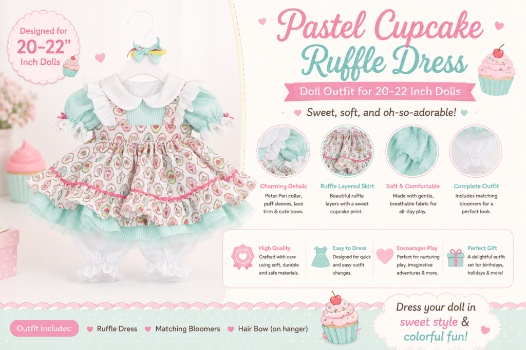 Pastel cupcake doll dress outfit with mint striped sleeves pink ruffle trim and matching bloomers for 20 to 22 inch dolls
