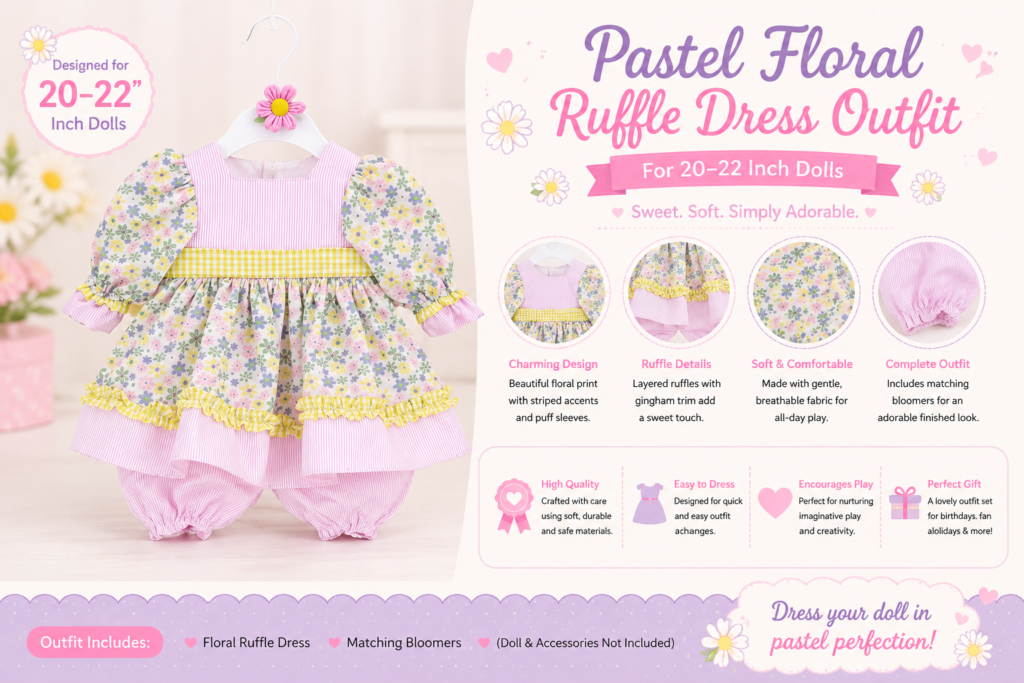 Pastel floral ruffle dress doll outfit for 20 to 22 inch dolls with matching bloomers and floral print design