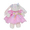 Pink doll party dress outfit with matching bloomers displayed beside plush bunny accessory