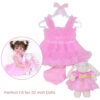 22 inch doll wearing pink ruffle party dress outfit with layered tutu skirt and matching accessories