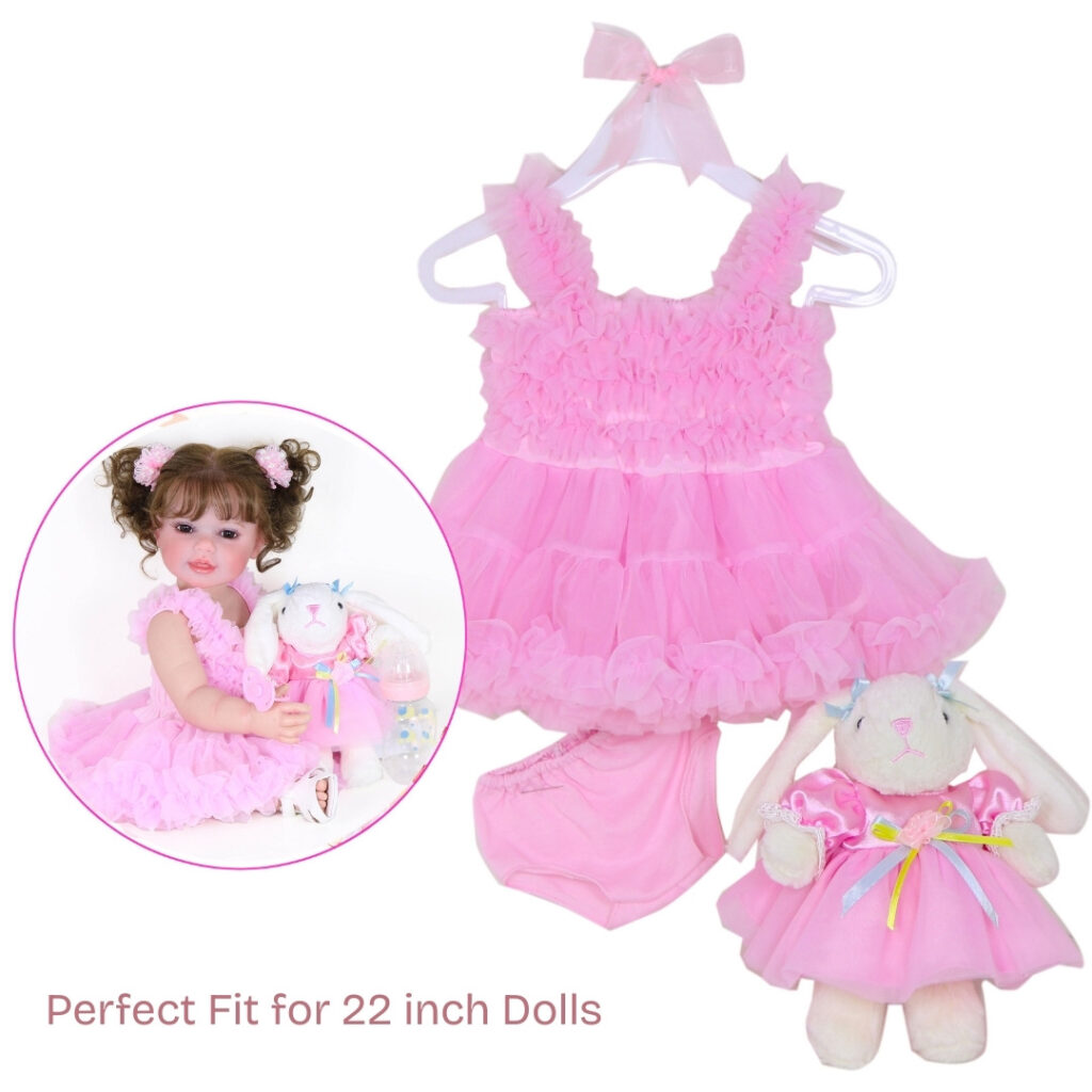 22 inch doll wearing pink ruffle party dress outfit with layered tutu skirt and matching accessories