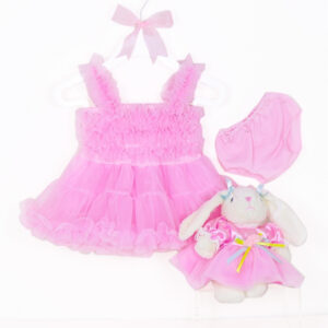 Pink ruffle doll dress with layered tulle skirt and matching bloomers for 22 inch dolls