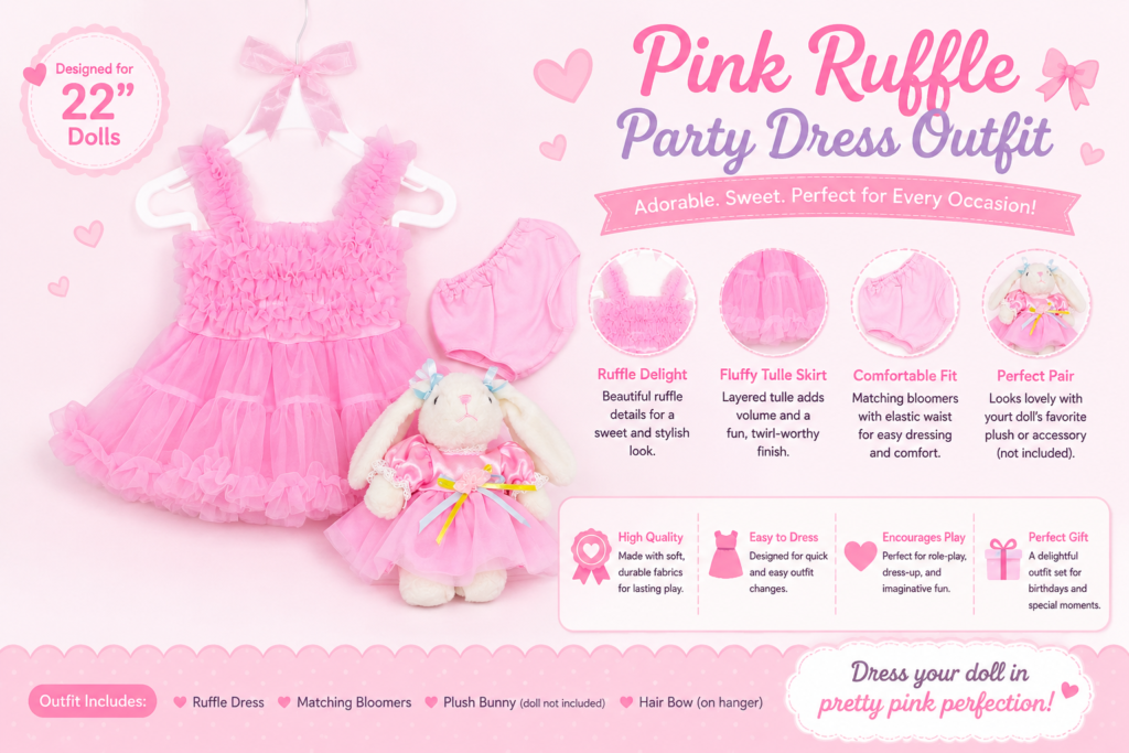 Pink ruffle party dress outfit for 22 inch dolls with matching bloomers and soft layered tulle skirt