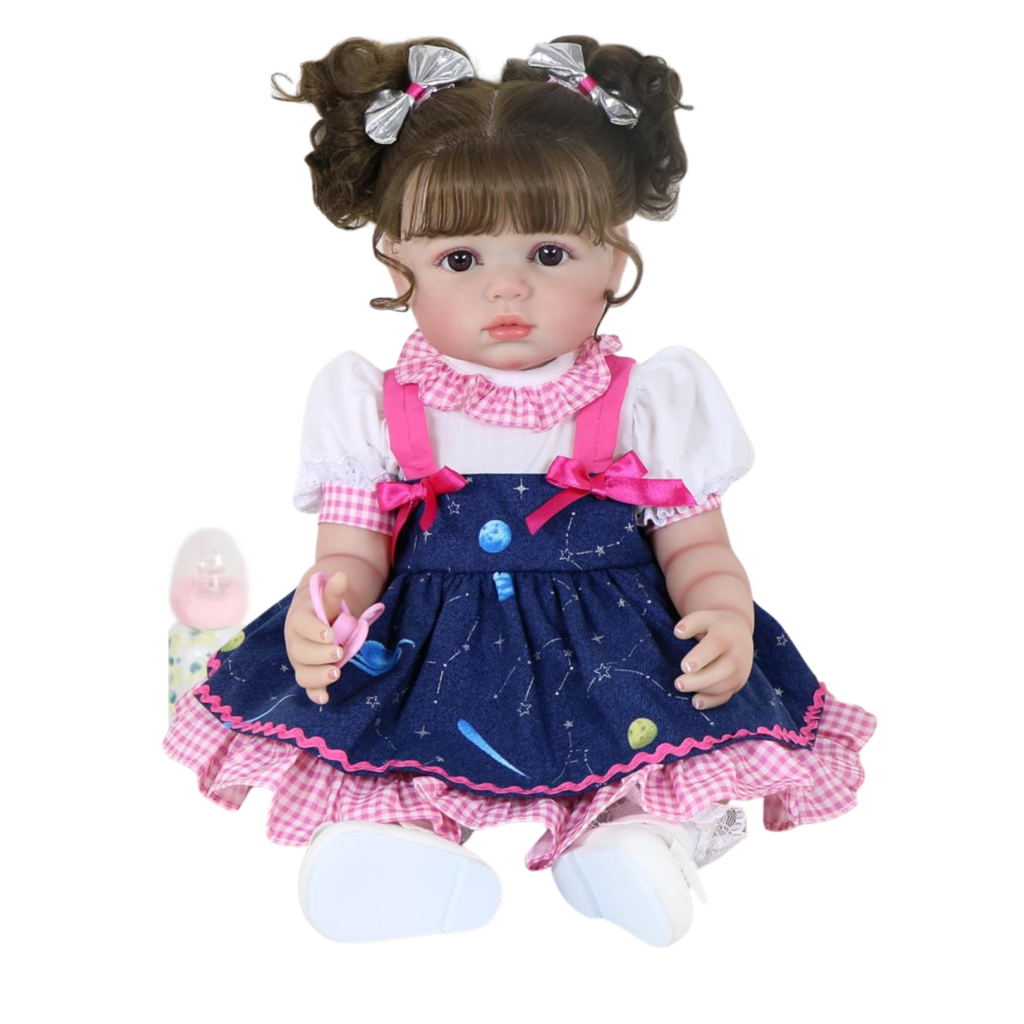 Stella Rae 22 inch reborn toddler doll sitting with galaxy outfit complete accessory set for pretend play