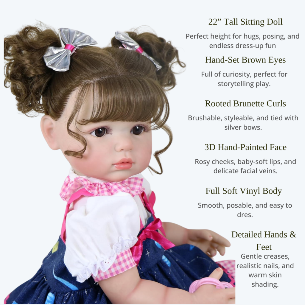 Stella Rae reborn doll close up showing brown eyes brunette curls hand painted face and soft vinyl body details