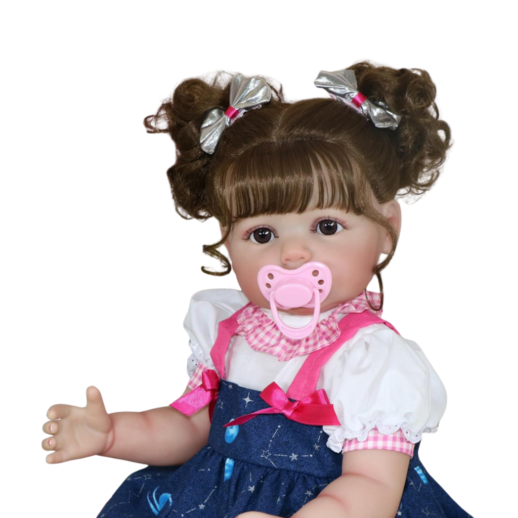 Stella Rae reborn doll with magnetic pacifier wearing galaxy dress with pink ribbons and silver hair bows