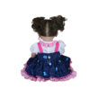 Back view of Stella Rae reborn toddler doll showing galaxy print dress layered skirt and curly pigtails