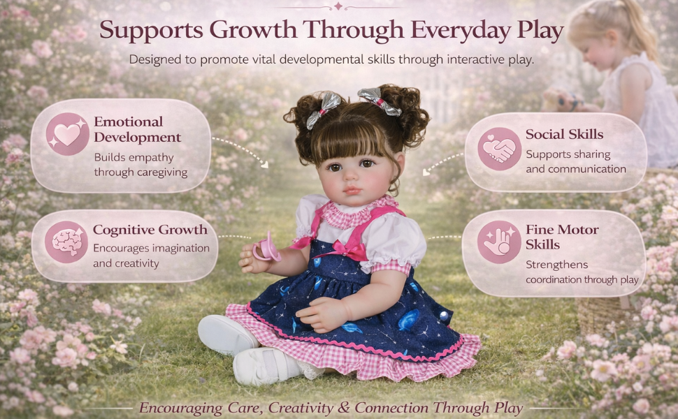 22 inch reborn toddler doll Stella Rae sitting in garden wearing galaxy dress promoting emotional social cognitive and fine motor development through imaginative play